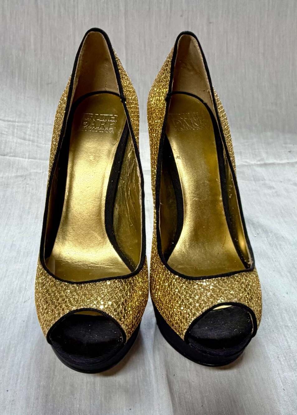 Truth or Dare by Madonna Gold Glitter Peep Toe Platform Stiletto Heels
